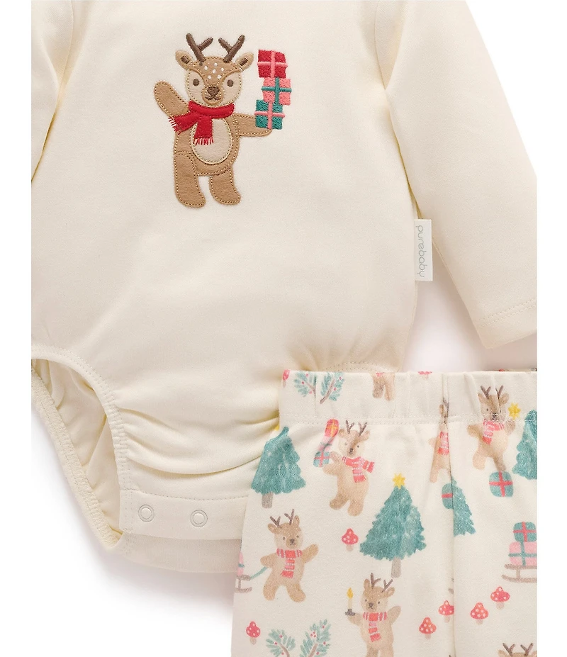 Purebaby Baby Long Sleeve Christmas Reindeer Applique Organic Cotton Bodysuit & Printed Leggings with Beanie 3-Piece Gift Set