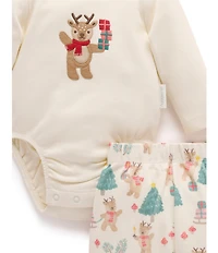 Purebaby Baby Long Sleeve Christmas Reindeer Applique Organic Cotton Bodysuit & Printed Leggings with Beanie 3-Piece Gift Set