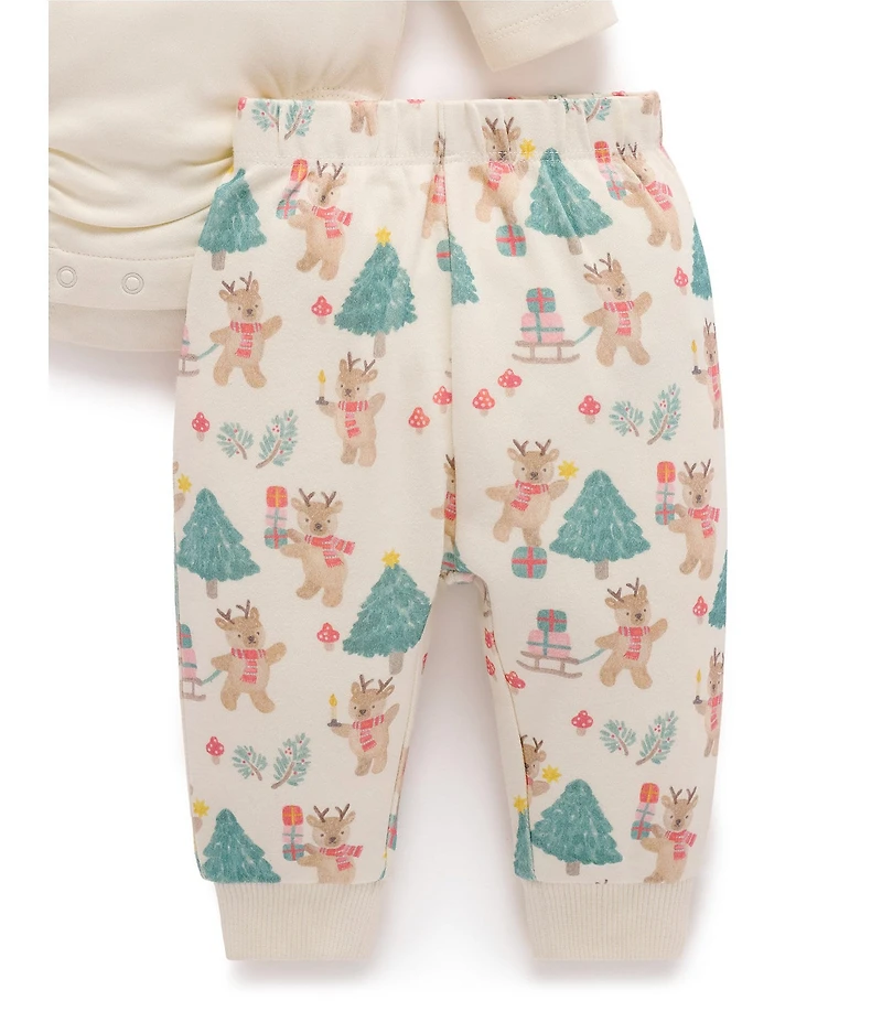 Purebaby Baby Long Sleeve Christmas Reindeer Applique Organic Cotton Bodysuit & Printed Leggings with Beanie 3-Piece Gift Set