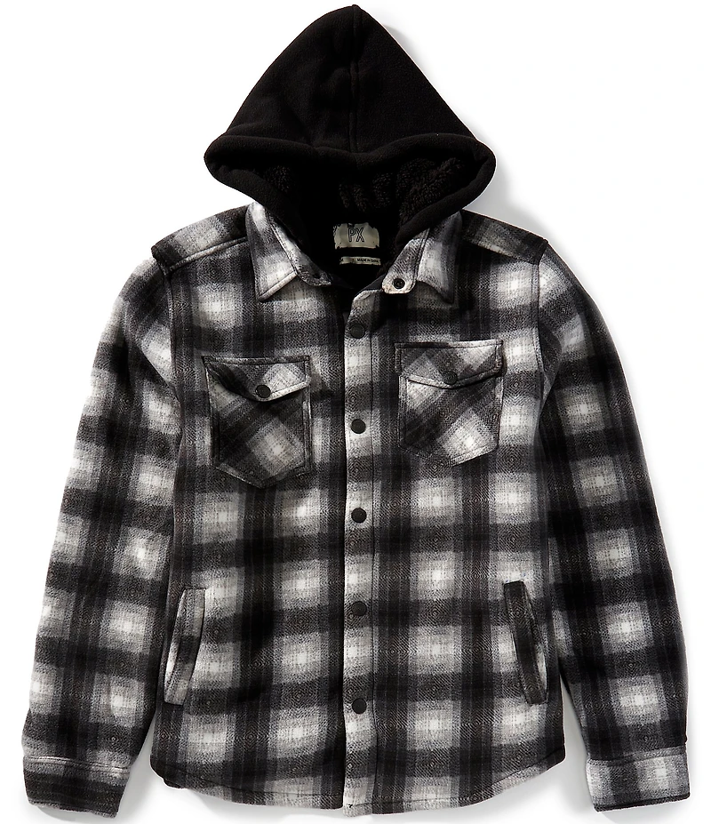 PX Clothing Plaid Long Sleeve Faux Sherpa Polar Fleece Hooded Shirt Jacket