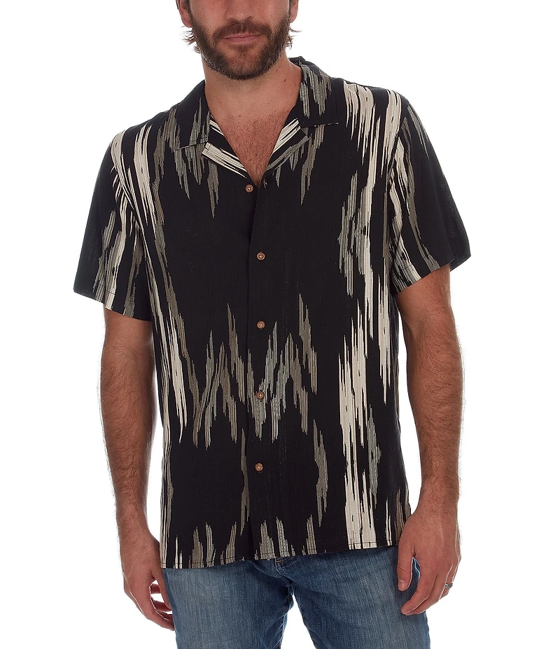 PX Clothing Short Sleeve Camp Neckline Vertical Zig-Zag Woven Shirt