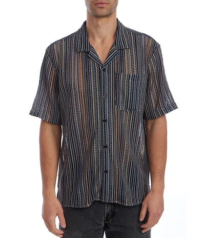 PX Clothing Short Sleeve Knit Multi Color Dobby Textured Stripe Shirt