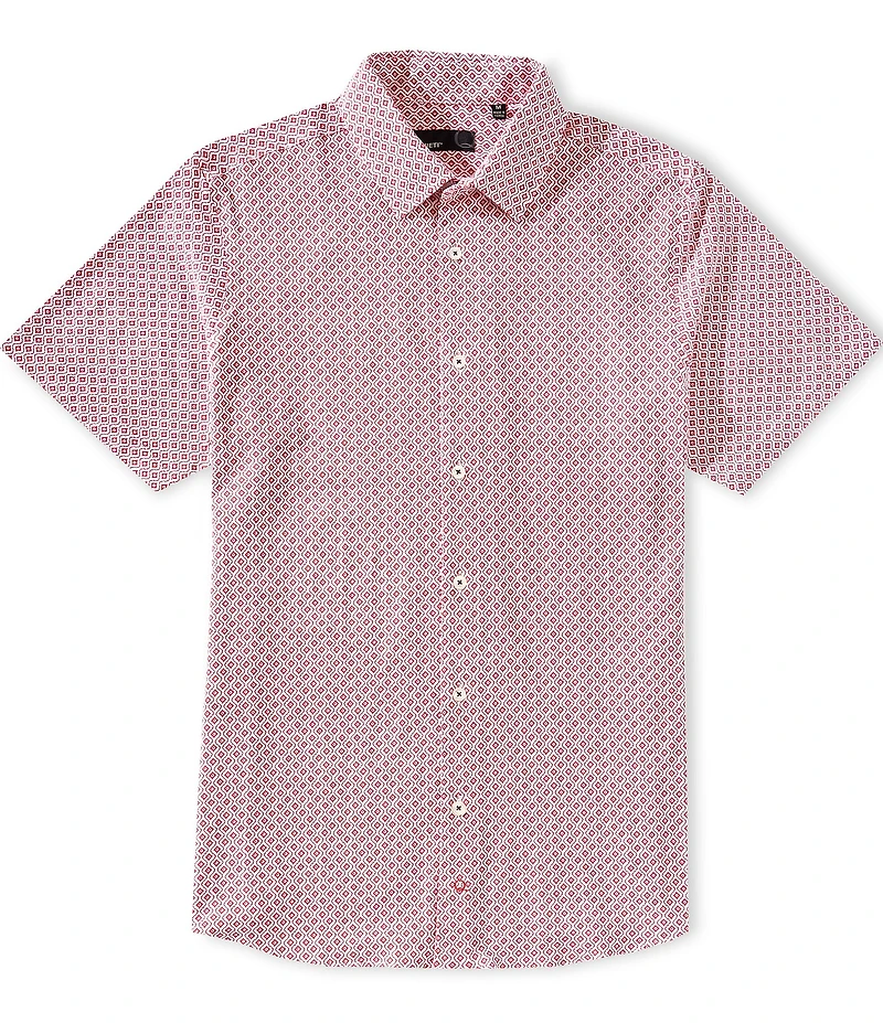 Quieti Diagonal Geo Print Stretch Short Sleeve Woven Shirt