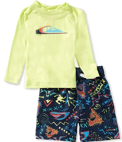 Quiksilver Baby Boys Raglan-Sleeve Solid Rashguard T-Shirt & Printed Swim Trunks Set