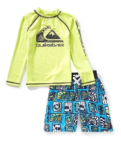 Quiksilver Little Boys Raglan-Sleeve Logo/Icon Rashguard T-Shirt & Mixed-Media-Printed Board Shorts Set