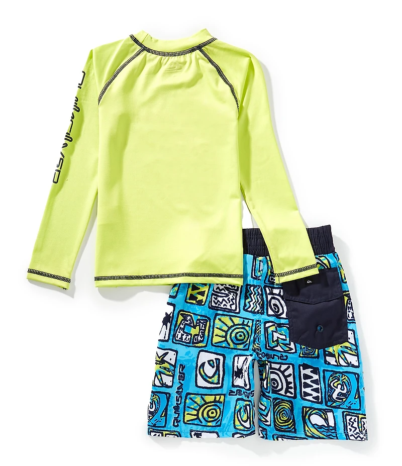 Quiksilver Little Boys Raglan-Sleeve Logo/Icon Rashguard T-Shirt & Mixed-Media-Printed Board Shorts Set