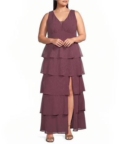 R & M Richards Plus Size Richards Sleeveless V-Neck Tired Skirt Front Slit Dress