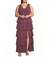 R & M Richards Plus Size Richards Sleeveless V-Neck Tired Skirt Front Slit Dress