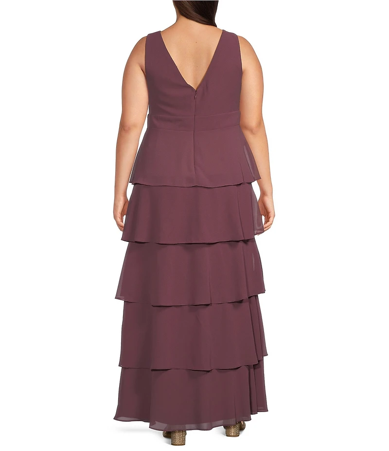 R & M Richards Plus Size Richards Sleeveless V-Neck Tired Skirt Front Slit Dress