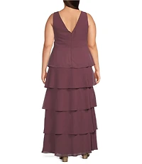 R & M Richards Plus Size Richards Sleeveless V-Neck Tired Skirt Front Slit Dress