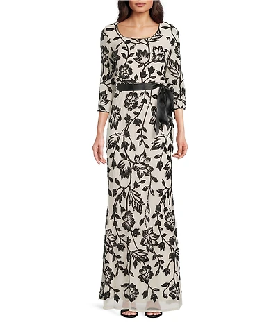 R & M Richards 2 Tone Trelliss Floral Embroidered Sequin Scoop Neck 3/4 Sleeve Gown