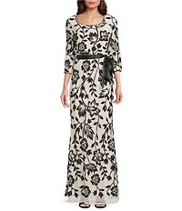 R & M Richards 2 Tone Trelliss Floral Embroidered Sequin Scoop Neck 3/4 Sleeve Gown