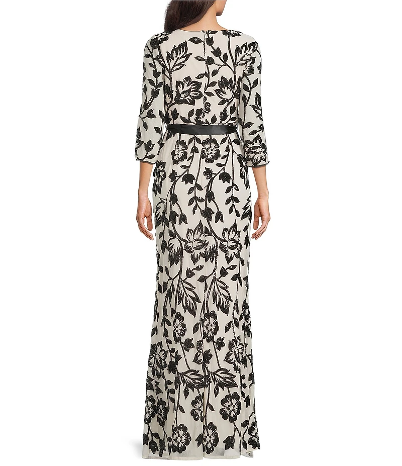 R & M Richards 2 Tone Trelliss Floral Embroidered Sequin Scoop Neck 3/4 Sleeve Gown