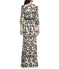R & M Richards 2 Tone Trelliss Floral Embroidered Sequin Scoop Neck 3/4 Sleeve Gown
