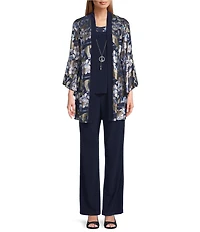 R & M Richards 3 Piece Foil Floral Print Bell Sleeve Jacket Pantsuit Set