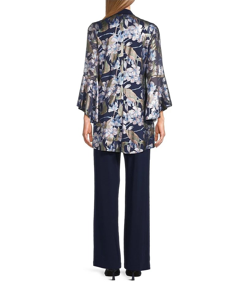 R & M Richards 3 Piece Foil Floral Print Bell Sleeve Jacket Pantsuit Set