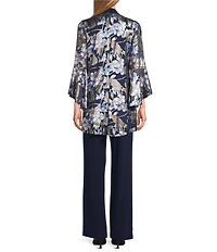 R & M Richards 3 Piece Foil Floral Print Bell Sleeve Jacket Pantsuit Set