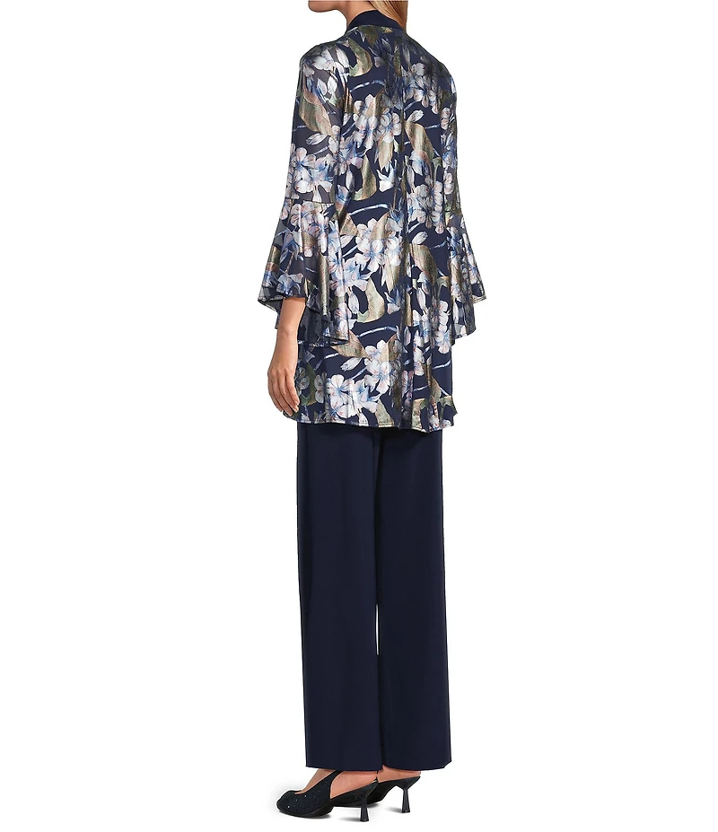 R & M Richards 3 Piece Foil Floral Print Bell Sleeve Jacket Pantsuit Set