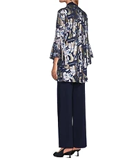 R & M Richards 3 Piece Foil Floral Print Bell Sleeve Jacket Pantsuit Set