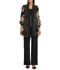 R & M Richards 3/4 Bell Sleeve Crew Neck Embroidered Sequin Lace 3-Piece Pant Set