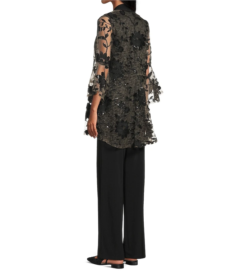 R & M Richards 3/4 Bell Sleeve Crew Neck Embroidered Sequin Lace 3-Piece Pant Set