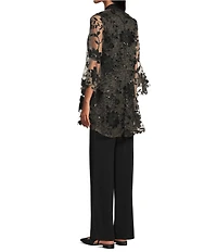 R & M Richards 3/4 Bell Sleeve Crew Neck Embroidered Sequin Lace 3-Piece Pant Set