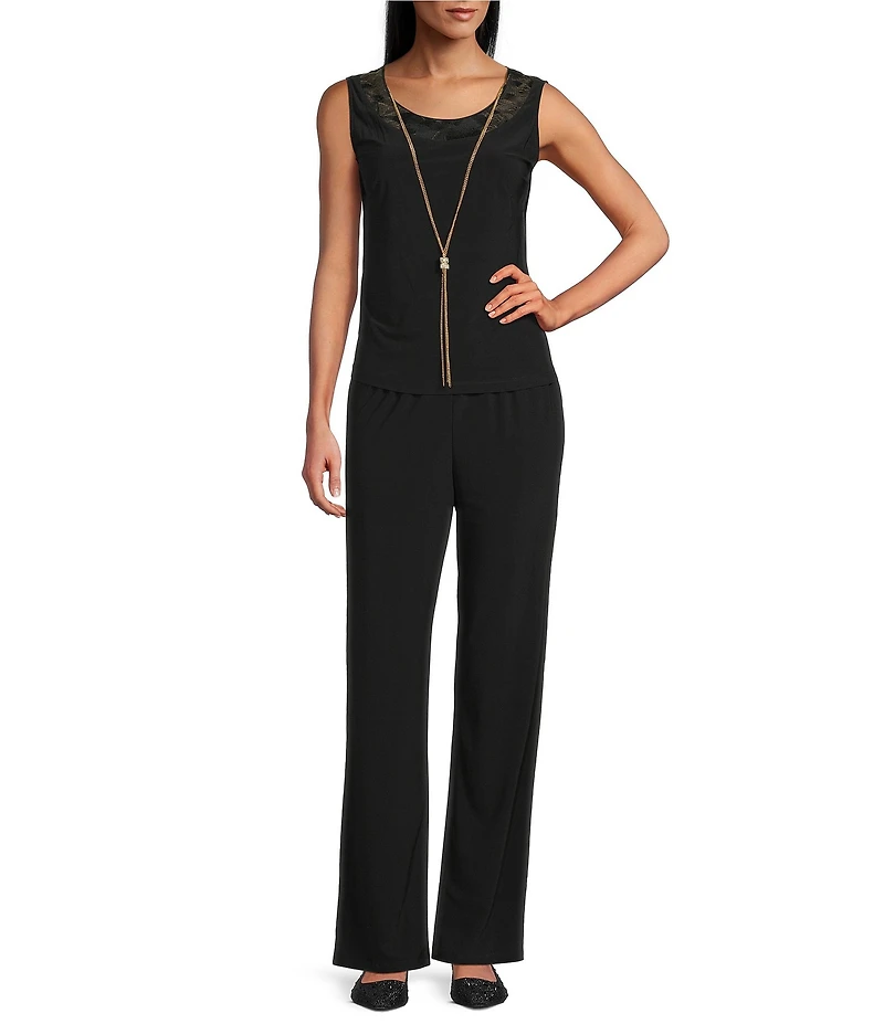 R & M Richards 3/4 Bell Sleeve Crew Neck Embroidered Sequin Lace 3-Piece Pant Set