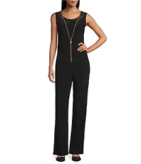 R & M Richards 3/4 Bell Sleeve Crew Neck Embroidered Sequin Lace 3-Piece Pant Set