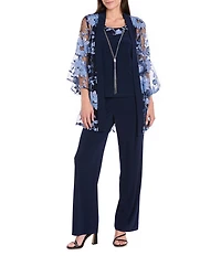 R & M Richards 3/4 Bell Sleeve Crew Neck Embroidered Sequin Lace 3-Piece Pant Set