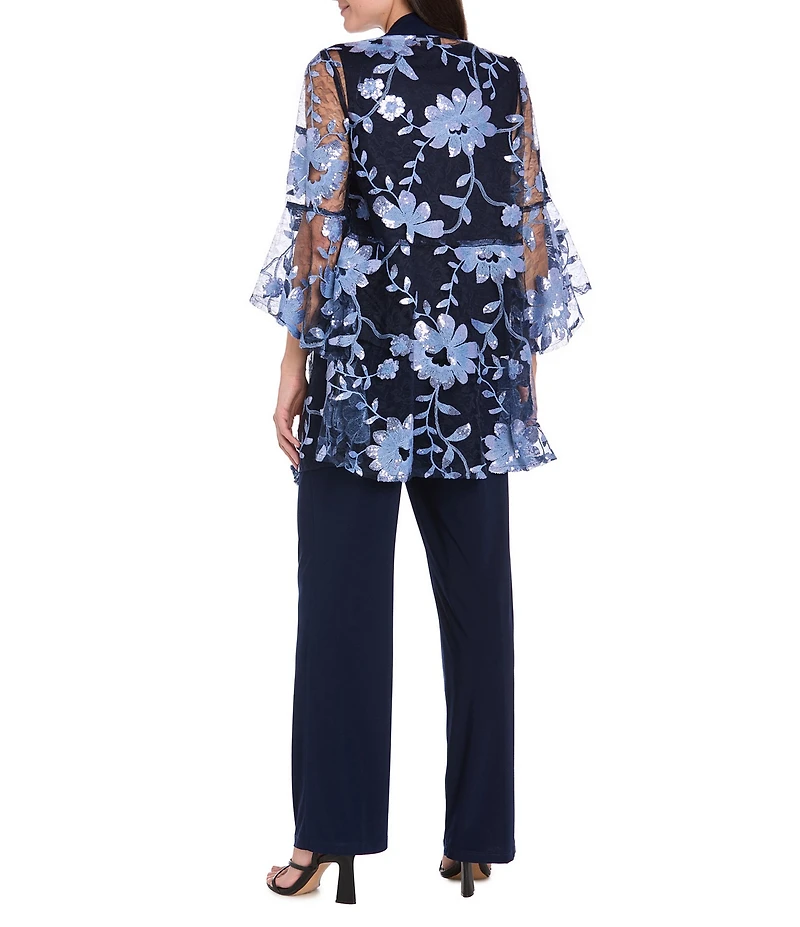 R & M Richards 3/4 Bell Sleeve Crew Neck Embroidered Sequin Lace 3-Piece Pant Set