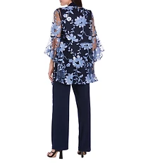 R & M Richards 3/4 Bell Sleeve Crew Neck Embroidered Sequin Lace 3-Piece Pant Set