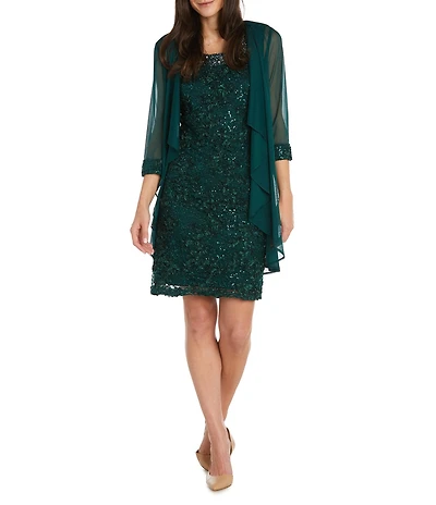 R & M Richards 3/4 Sleeve Beaded Crew Neck Lace 2-Piece Jacket Dress