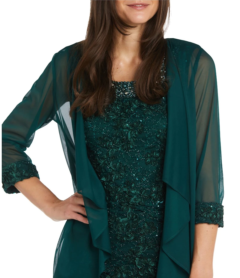 R & M Richards 3/4 Sleeve Beaded Crew Neck Lace 2-Piece Jacket Dress