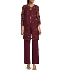 R & M Richards 3/4 Sleeve Crew Neck Embroidered Soutache 3-Piece Pant Set