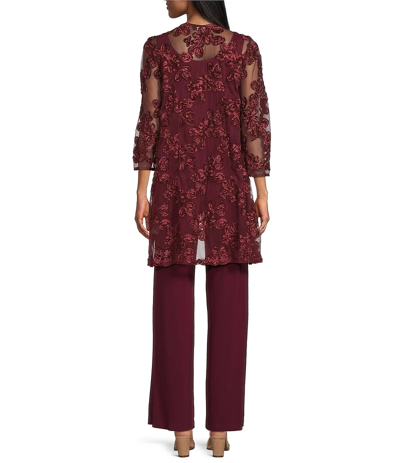 R & M Richards 3/4 Sleeve Crew Neck Embroidered Soutache 3-Piece Pant Set