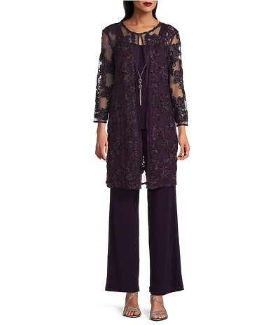 R & M Richards 3/4 Sleeve Crew Neck Embroidered Soutache 3-Piece Pant Set