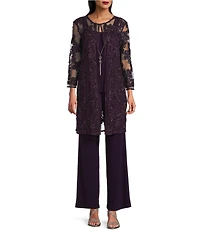 R & M Richards 3/4 Sleeve Crew Neck Embroidered Soutache 3-Piece Pant Set