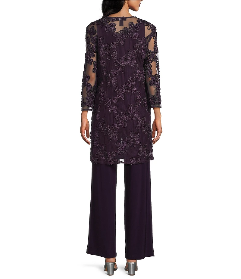 R & M Richards 3/4 Sleeve Crew Neck Embroidered Soutache 3-Piece Pant Set