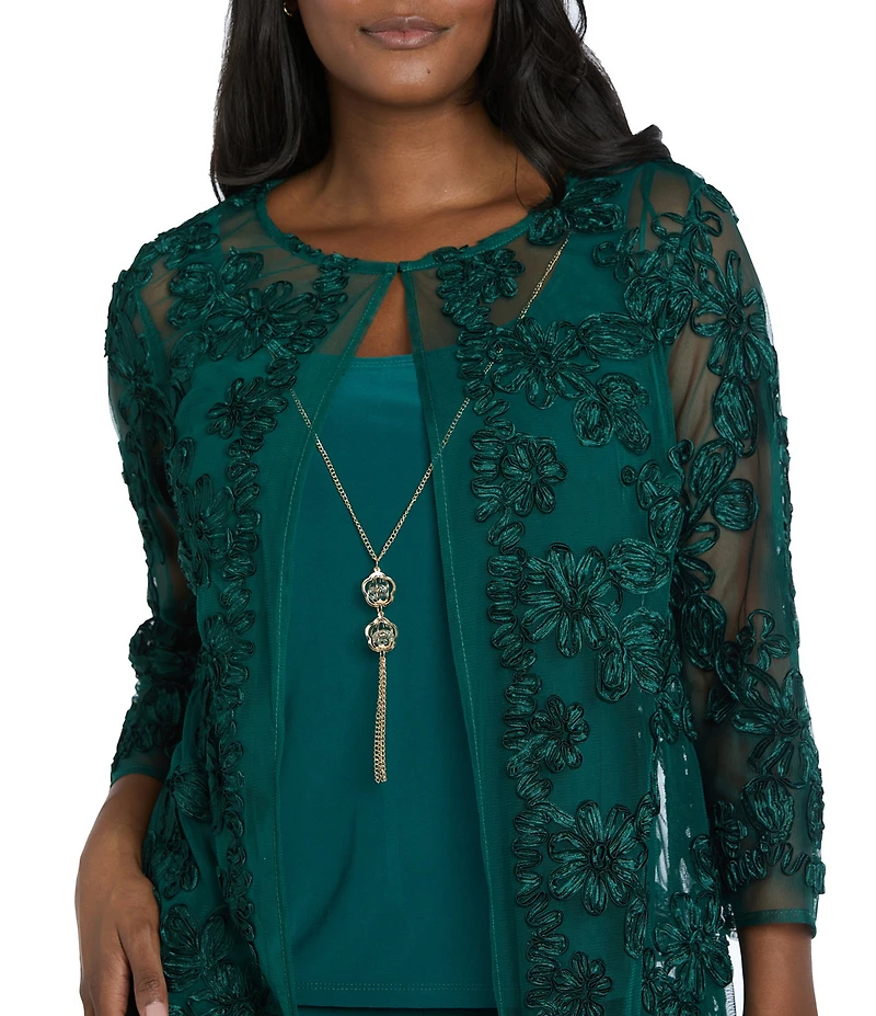 R & M Richards 3/4 Sleeve Crew Neck Embroidered Soutache 3-Piece Pant Set