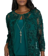 R & M Richards 3/4 Sleeve Crew Neck Embroidered Soutache 3-Piece Pant Set