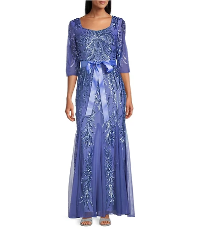 R & M Richards 3/4 Sleeve Sash Belt Sequin Long Gown