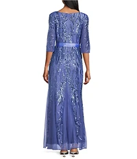 R & M Richards 3/4 Sleeve Sash Belt Sequin Long Gown