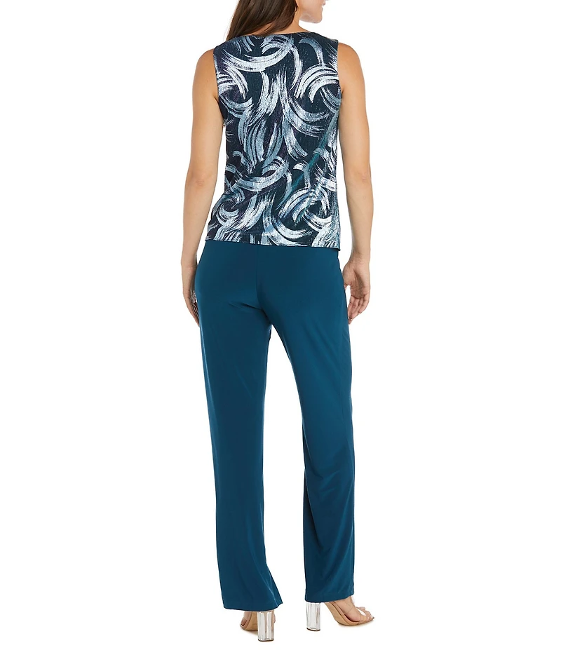 R & M Richards 3/4 Sleeve Scoop Neck 3-Piece Foil Festival Crinkle Pant Set