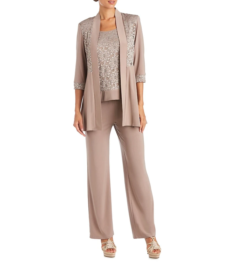 R & M Richards 3/4 Sleeve Scoop Neck Lace 3-Piece Pant Set