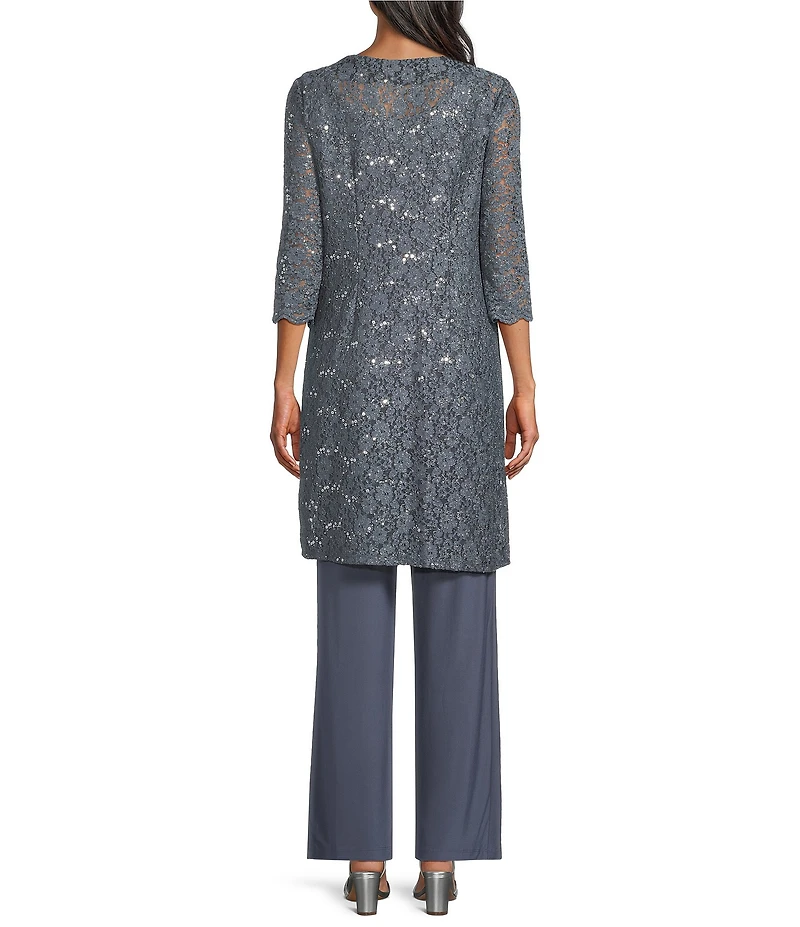 R & M Richards 3/4 Sleeve Sequin And Pearl Embellished Crew Neck Lace 3-Piece Pant Set