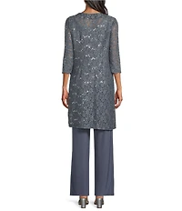 R & M Richards 3/4 Sleeve Sequin And Pearl Embellished Crew Neck Lace 3-Piece Pant Set