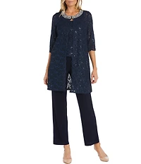R & M Richards 3/4 Sleeve Sequin And Pearl Embellished Crew Neck Lace 3-Piece Pant Set