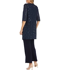 R & M Richards 3/4 Sleeve Sequin And Pearl Embellished Crew Neck Lace 3-Piece Pant Set