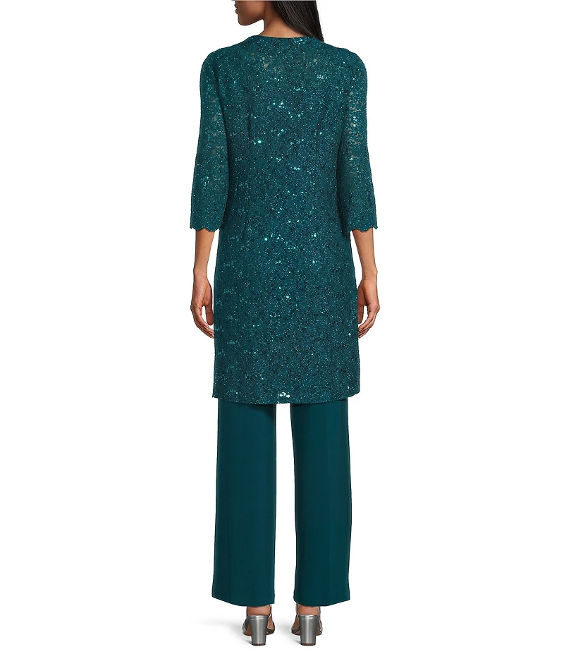 R & M Richards 3/4 Sleeve Sequin And Pearl Embellished Crew Neck Lace 3-Piece Pant Set