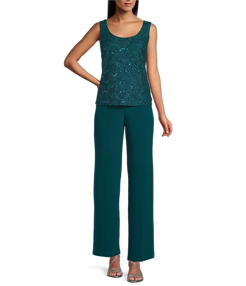 R & M Richards 3/4 Sleeve Sequin And Pearl Embellished Crew Neck Lace 3-Piece Pant Set